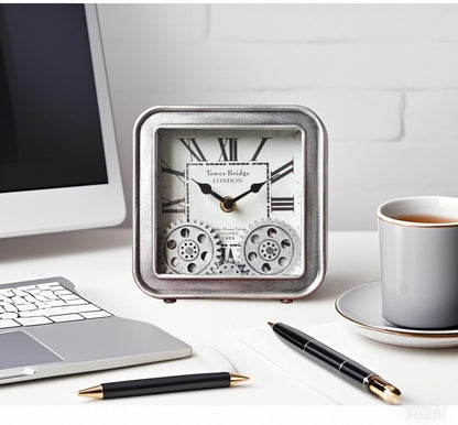 Desk Clock Vintage Metal Table Clocks with Moving Gears, Silent Retro Industrial Steampunk Quartz Small 6 inch End Table Clock for Home Office Living Room Decor Battery Operated