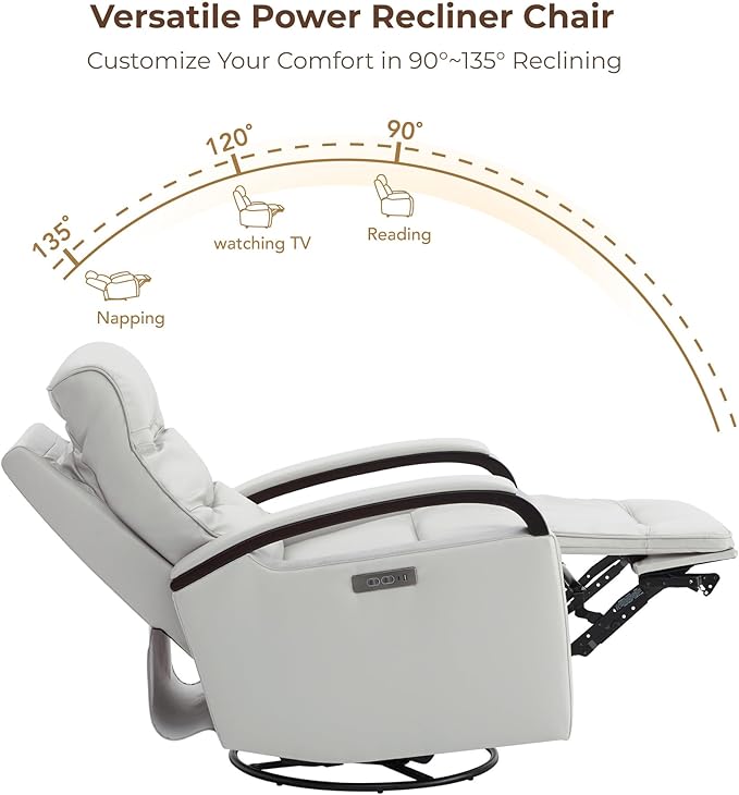 CHITA Genuine Leather Power Swivel Glider Rocker Recliner, FSC Certified Mid Century Modern Recliner Chair for Adults, Adjustable Power Headrest, for Nursery and Living Room, Creamy Grey