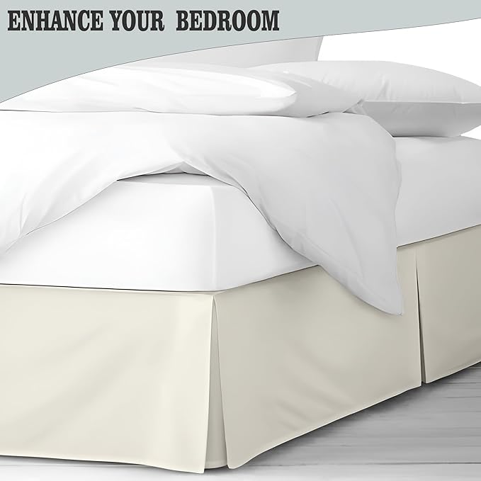 Pleated Bed Skirt King Size, 14" Drop with Platform Design for Secure Fit, Split Corners, Wrinkle-Resistant Microfiber for Modern Stylish Look, Tailored Bedding for Hotel Luxury - Ivory