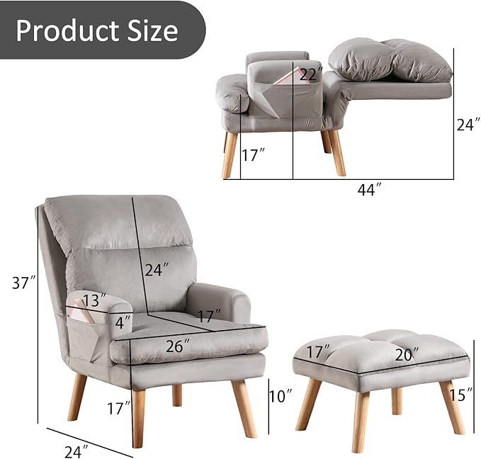 INZOY Accent Chairs with Ottoman, Velvet Fabric Armchair with Ottoman for Bedroom Living Room, Mid Century Modern Chair with Adjustable Backrest and Side Pockets, Grey