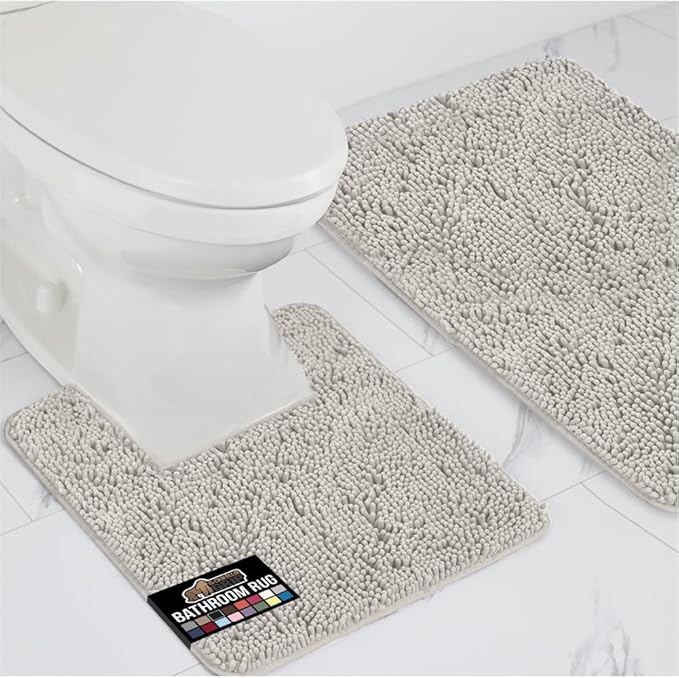 GORILLA GRIP Bathroom Rug Sets, Soft Chenille 2 Piece Area Rugs Set, Toilet Base Mat and 30x20 Carpet, Absorbent Microfiber Washable Mats Dry Quickly, Home Décor and Bath Room Accessories, Light Gray