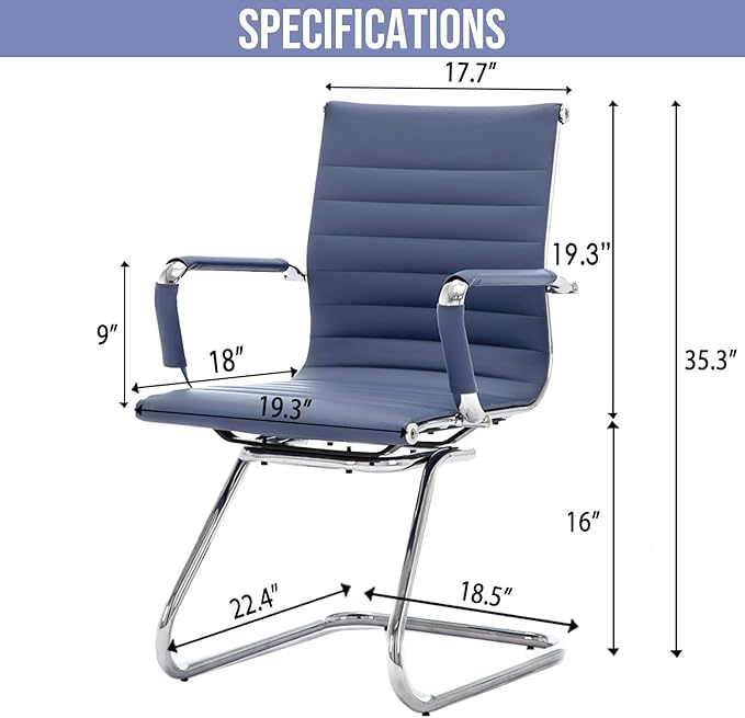Wahson Office Guest Chairs Set of 2, Leather Reception Chairs, Mid Back Waiting Room Chair, Conference Chairs with Sled Base, Desk Chair No Wheels for Meeting/Lobby/Restroom, Navy Blue