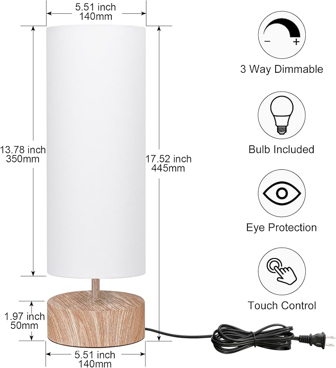 Touch Table Lamp with Metal Base Covered with Wood Grain, 3 Way Dimmable Bedside Nightstand Lamp with White Shade, Simple Night Light for Bedroom Living Room Home Office, LED Bulb Included