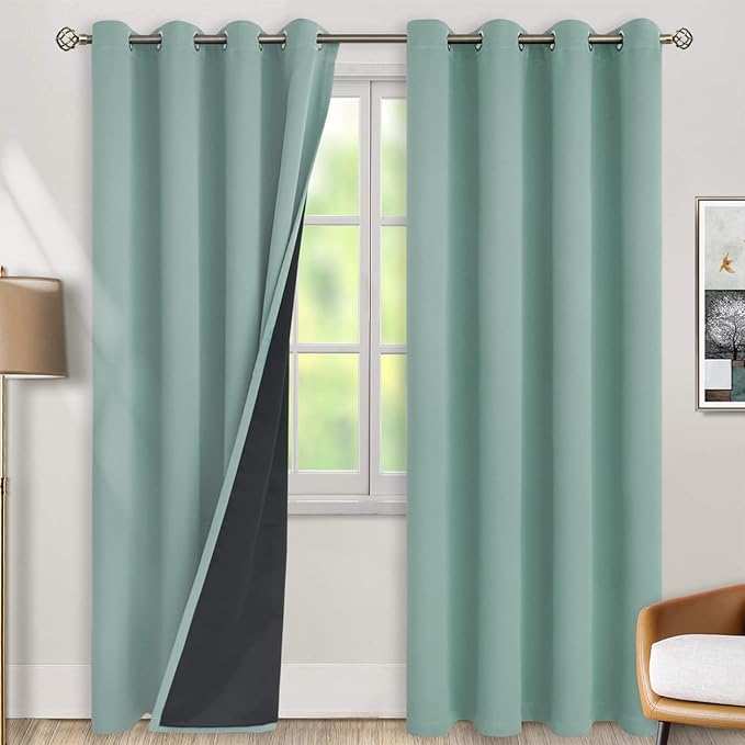 BGment Thermal Insulated 100% Blackout Curtains for Bedroom with Black Liner, Double Layer Full Room Darkening Noise Reducing Grommet Curtain (52 x 84 Inch, Frosty Green, 2 Panels)