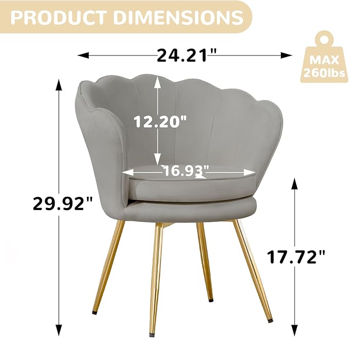 Accent Chairs Set of 2, Velvet Vanity Chair with Back, Mid-Century Modern Small Accent Chair for Living Room, Golden Metal Legs Upholstered Makeup Chair, Bedroom Armchair, Grey
