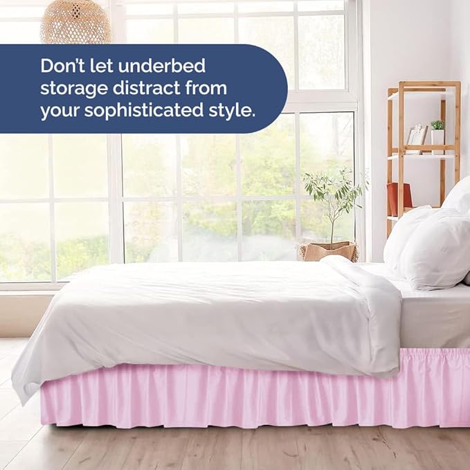 Wrap Around Dust Ruffle Bed Skirt - Light Pink - for Full Size Beds with 21 Inch Drop - Elastic Strap - Adjustable Pleated Bedskirt with Brushed Fabric and Wrinkle Free - for Women, Men, Kids & Teens