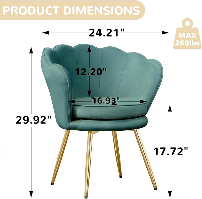 Velvet Vanity Chair with Back, Mid-Century Modern Small Accent Chair for Living Room, Golden Metal Legs Upholstered Makeup Chair, 1Pcs Bedroom Armchair, Dark Green