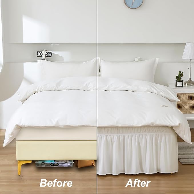 MEILA Wrap Around Bed Skirt Three Fabric Sides Elastic Dust Ruffled 16 Inch Tailored Drop,Easy to Install Fade Resistant-Natural White, Twin/Full
