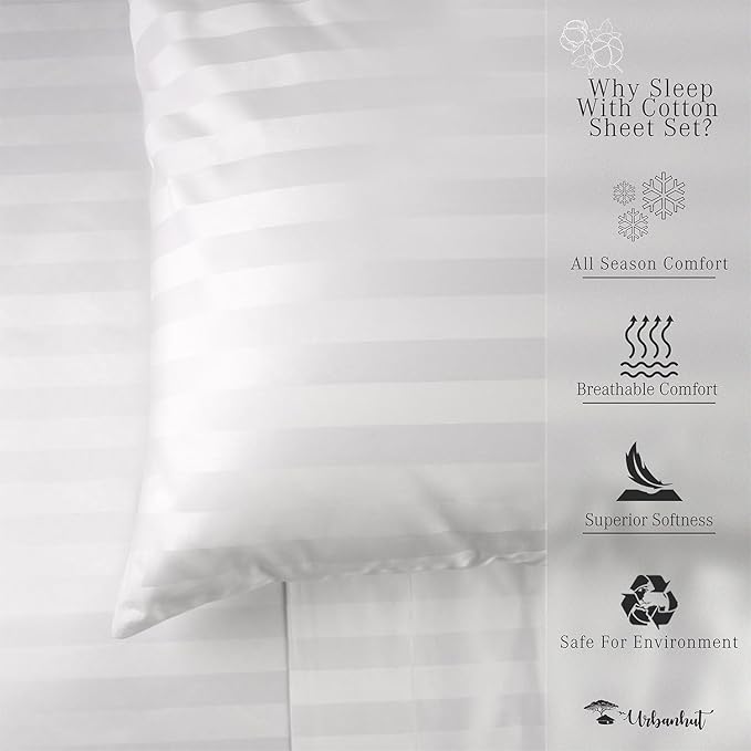URBANHUT 800 Thread Count 100% Cotton Damask Full Size Sheets, 4 Piece Striped Full Size Bedsheets, Luxury Hotel Sheets Sateen Weave - Better Than Egyptian, 16" Elasticized Deep Pocket- White