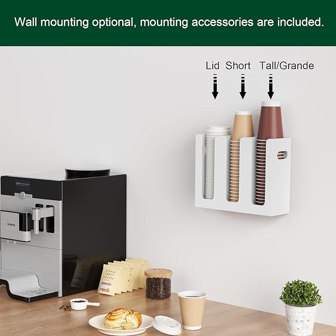 Disposable Coffee Cup Dispenser with Handles, Countertop or Wall Mount Hot/Cold Drink Cup and Lid Holder - Bathroom/Kitchen/Office Acrylic Cup Lid Storage Organizer (3 Compartments, White)