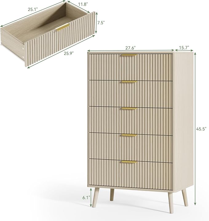 LYNSOM Fluted Dresser and Nightstand Sets 3 Piece, 5-Drawers Dresser and 1-Drawer Nightstands Set of 2, Wood Bedroom Furniture Set for Home, Bedroom, Hallway, Beige