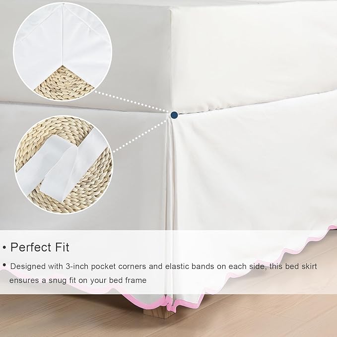 HIG Off-White Chic Full Bed Skirt - Easy Fit Scallop Edge Pleated Bedskirts, 14 Inch Drop Anti-Slip Dust Ruffle, Thick Fabric for Enhanced Privacy, Pre-Washed for Long-Lasting Use(N60022)