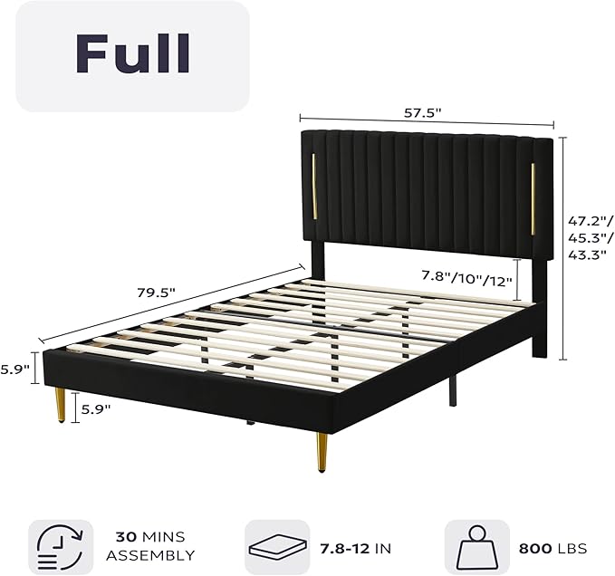 Full Platform Bed Frame, Velvet Upholstered Bedframe with Vertical Channel Adjustable Headboard, Golden Plating Trim, Mattress Foundation with Wooden Slats, No Box Spring Needed, Black