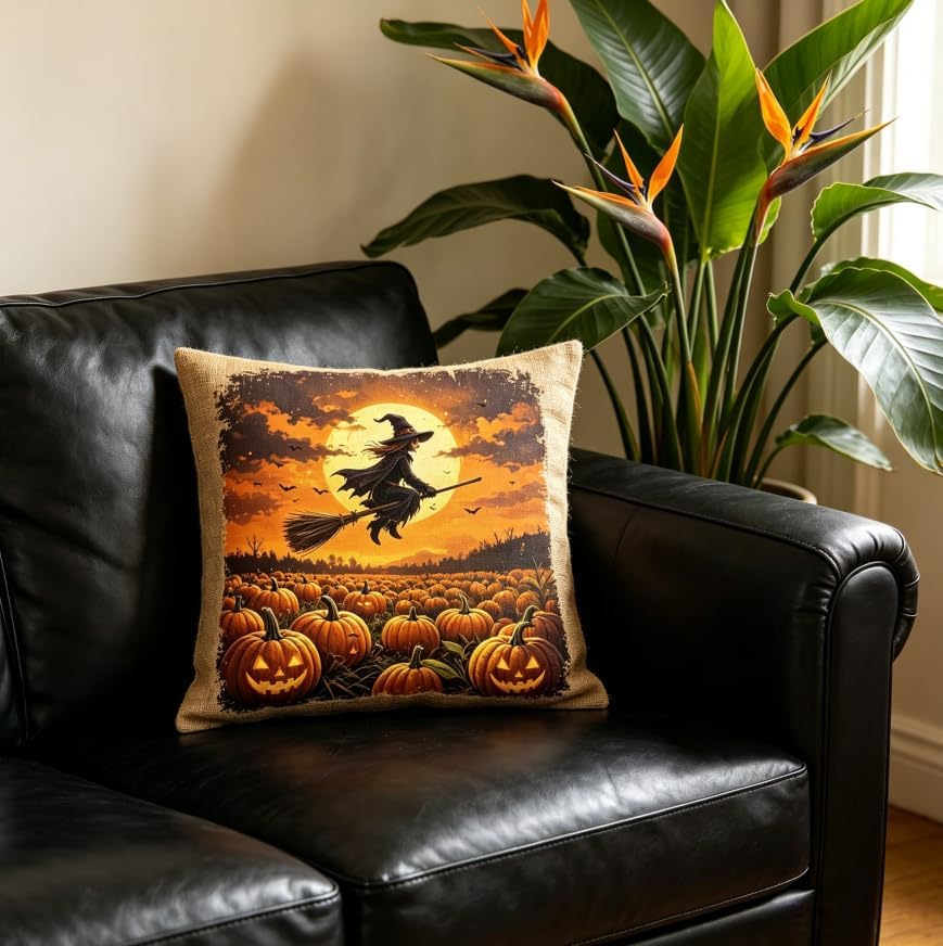 Halloween Throw Pillow Covers, 18x18 Inch, Witch and Skeleton Pumpkin Design - Image 4