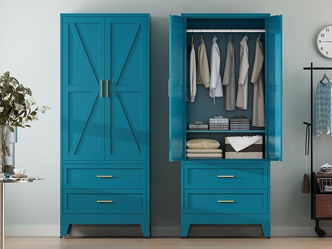 COFaR Metal Wardrobe Cabinet, 71 Farmhouse Armoire Wardrobe Closet with Rods, 2 Barn Doors, Adjustable Shelves, Steel with 2 Drawer Bedroom armoires, Blue Green