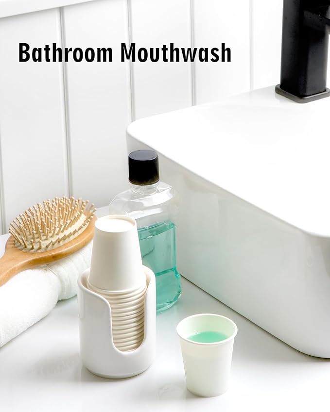 3 oz Original Ceramic Bathroom Cup Dispenser with 5 PLA Paper Cups, Bathroom Essential Accessories for Mouthwash Holder on Bathroom Vanity Countertops (2 Pack, White)