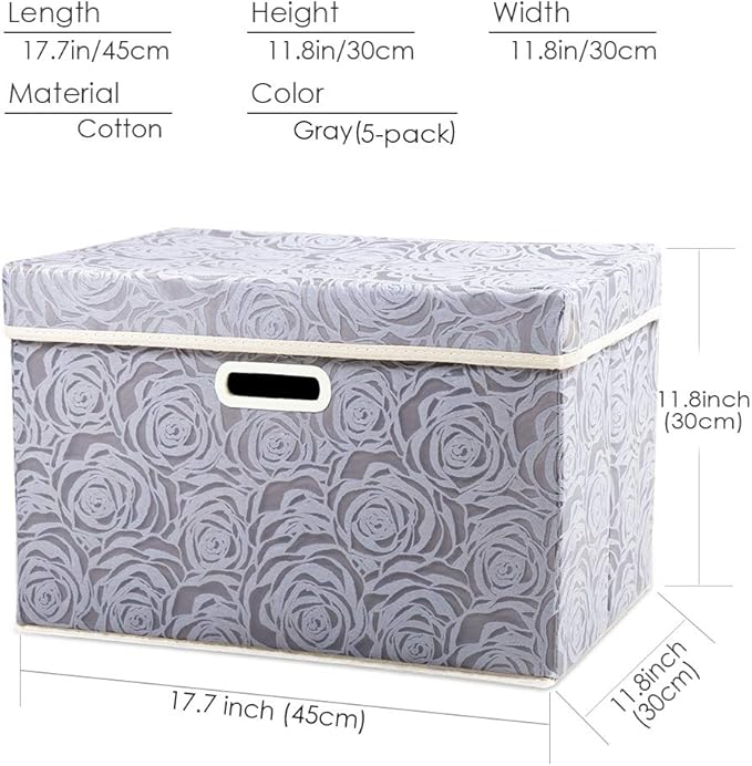 PRANDOM Large Storage Boxes with Lids [5-Pack] Fabric Decorative Storage Bins Cubes Organizer Containers Baskets with Handles for Closet Grey 17.5x11.8x11.8 In For 6+ Year Old Boys and Girls