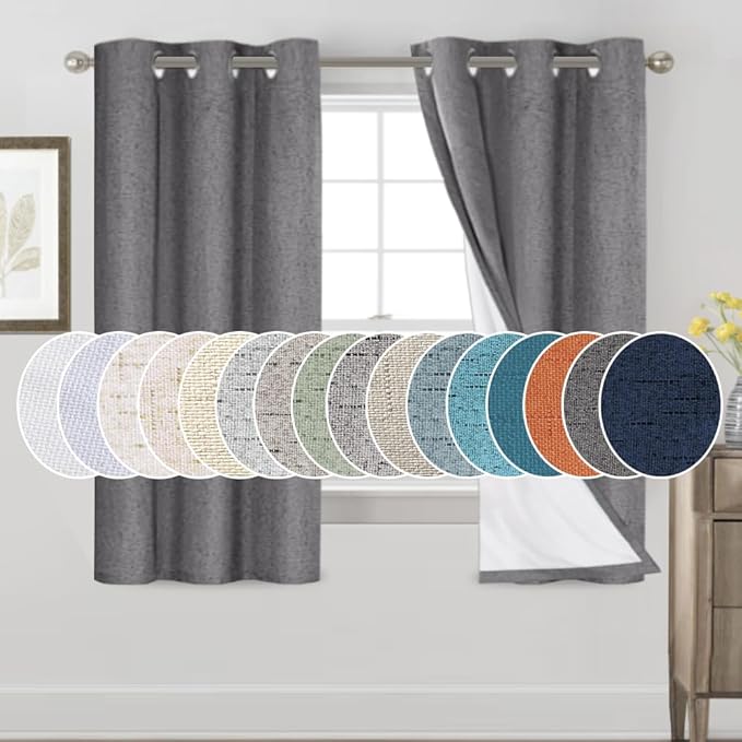 PrinceDeco Blackout Curtains 64" Long 2 Panels Set 100% Blackout Curtains for Bedroom Grommet Top Thermal Insulated with White Liners Flax Textured Full Blackout Window Draperies,W42 X L64, Grey