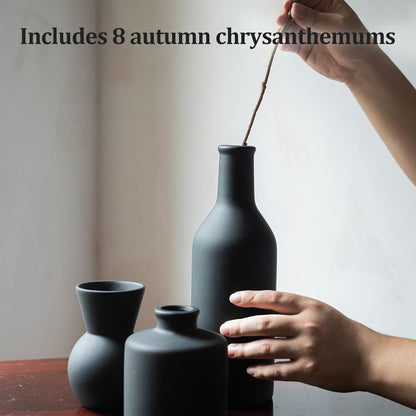 Fake Flowers in Vase for Centerpieces, Faux Flowers in Modern Ceramic Vase Set of 3 with 8 Artificial Autumn Chrysanthemums Home Decor