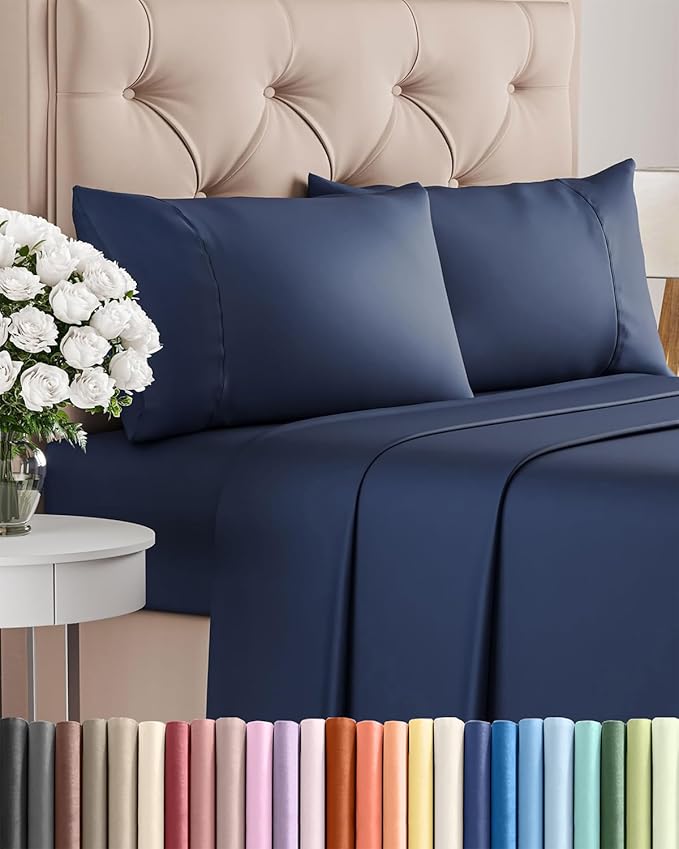 Twin XL 4 Piece Sheet Set - Cooling, Comfy & Breathable - Hotel Luxury Bedding, Includes Fitted Sheet for Women, Men, Kids & Teens - 1 Flat, 1 Fitted Sheet, 2 Pillowcases w/Deep Pockets - Navy Blue