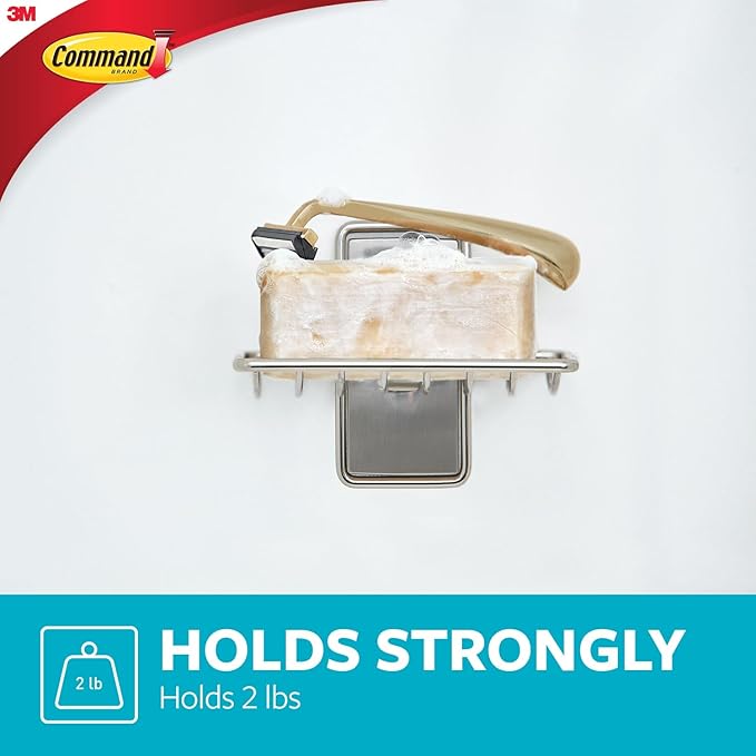 Command Soap Dish for Shower, Damage Free Hanging Bathroom, No Tools Bar Soap Holder, 1 Satin Nickel Soap Dish and 2 Water-Resistant Command Strips