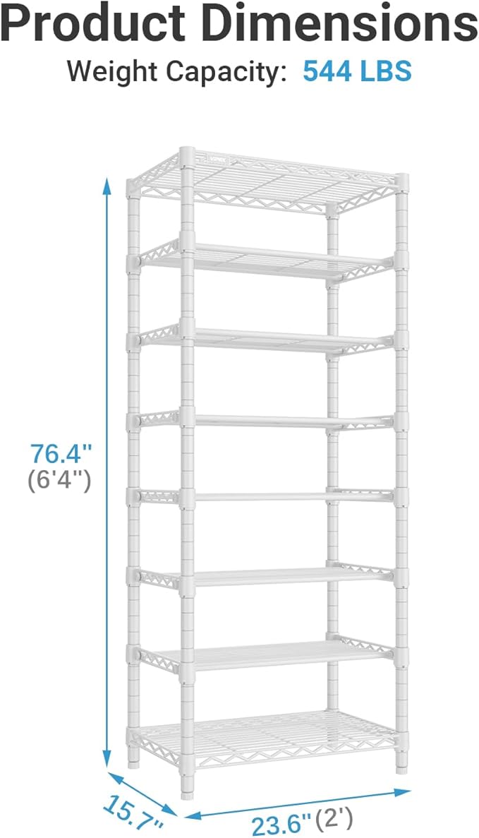 VIPEK S1 Shoe Rack, 8-Tier Metal Durable Shoe Organizer, Heavy Duty Large Capacity Up to 24 Pairs, Adjustable & Detachable Shoe Shelves for Entryway/Bedroom/Closet, Holds Up to 544 lbs, White