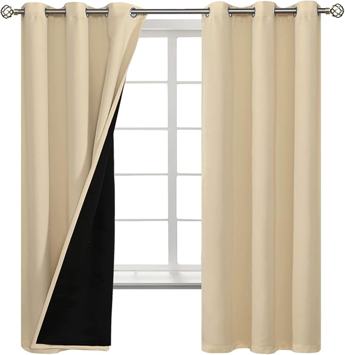 BGment Thermal Insulated 100% Blackout Curtains for Bedroom with Black Liner, Double Layer Full Room Darkening Noise Reducing Grommet Curtain (42 x 63 Inch, Natural, 2 Panels)