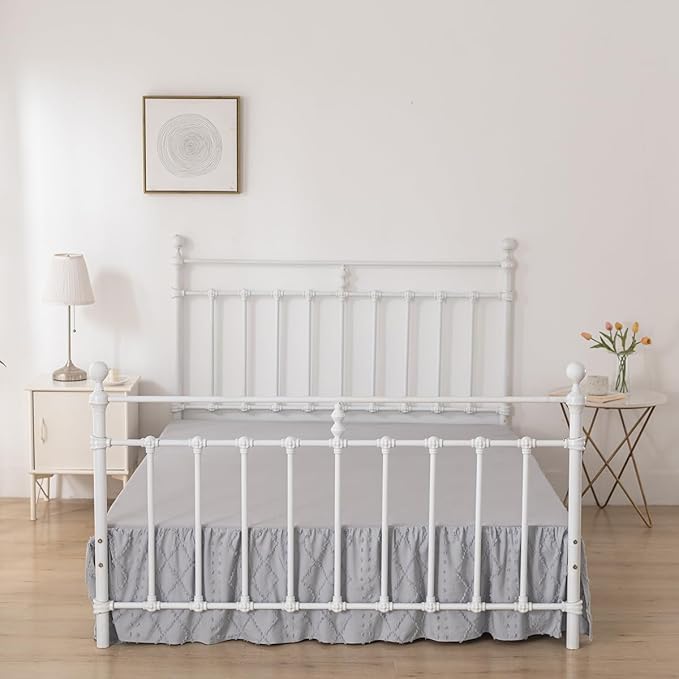 Bed Skirt Full Size Ruffled Bed Skirt with Split Corners, 18 Inch Drop Dust Ruffle Bed Skirts with Platform, Boho Tufted Shabby Chic Full Size Bed Skirts, Light Grey