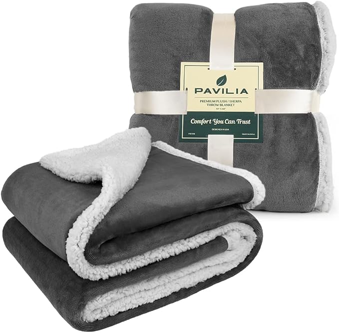 PAVILIA Sherpa Fleece Throw Blanket for Couch, Dark Grey, Plush Soft Fuzzy Sofa Blanket, Cozy Reversible Winter Throw for Women Men, 50x60 Inches