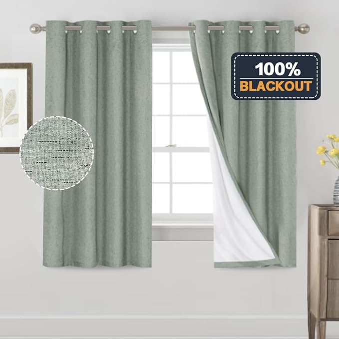 PrinceDeco Linen Texture Curtains 100% Blackout Curtains 64 inch Long 2 Panels Set for Bedroom Grommet Top Flax Textured Full Blackout Window Draperies Thermal Insulated White Liners,42 X64, Green Bay