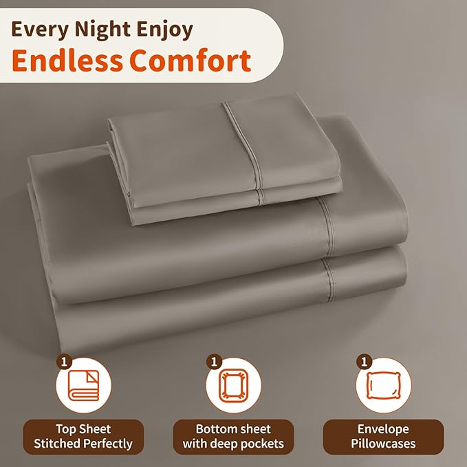 LBRO2M 1000 Thread Count 100% Egyptian Cotton Sheets Set Twin XL, 3 Piece Sets Bed Sheet Deep Pocket Sheet Set 16" Soft Comfortable All Season (Twin XL, Taupe)