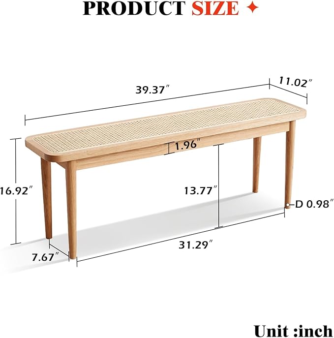 39.4'' Natural Rattan Dining Bench with 100% Solid Oak Wood Bench Frame, Bed End Shoe Ottoman for Kitchen Bedroom Entryway, Natural Oak