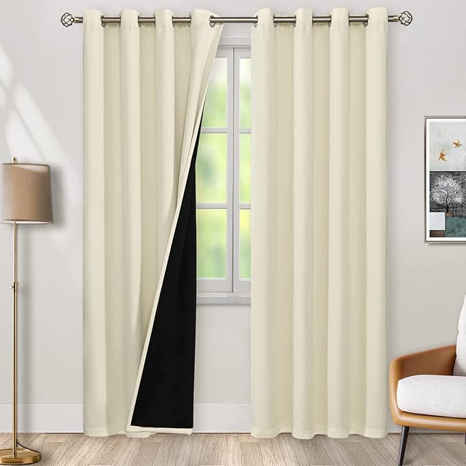 BGment Cream 100% Blackout Curtains for Living Room 84 Inch Length 2 Panels, Thermal Insulated Full Light Blocking Grommet Soundproof Window Drapes for Bedroom with Black Liner, 52 Inch Wide Each