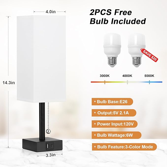 aooshine Bedside Table Lamps Set of 2 - Small White Bedroom Lamps with 3 Color Temperatures (3000K/5000K/4000K), Square Nightstand Lamp with USB C + A Charging Ports, Pull Chain Night Light