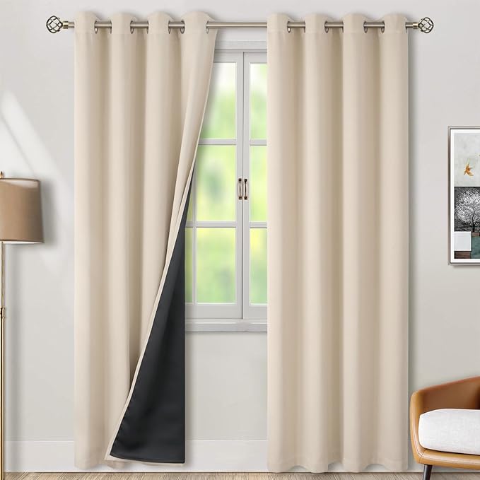 BGment Thermal Insulated 100% Blackout Curtains 84 Inch Length 2 Panels, Total Light Blocking Curtains for Bedroom, Grommet Window Drapes with Thick Black Liner, 52 Inch Wide Each Panel, Champagne