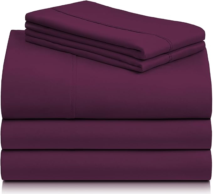 LuxClub 5 PC Split King Sheet Set, Deep Pockets Wrinkle Free Cooling Bed Sheets Hotel Bedding for Women, Men, Includes 2 Fitted Sheet, 1 Flat Sheet and 2 PillowcasesSoft Eggplant
