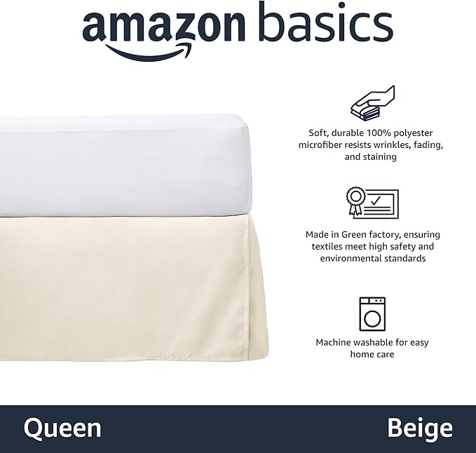 Amazon Basics Lightweight Pleated Bed Skirt, Queen, Beige, Solid