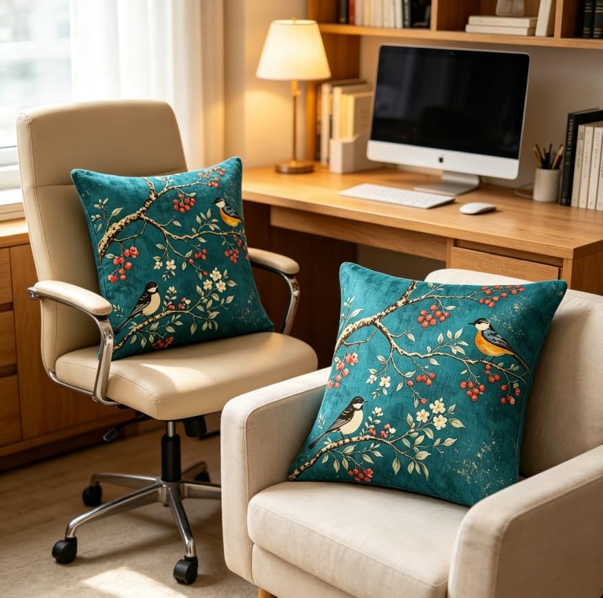 18x18 Inch Linen Vintage Teal Bird Throw Pillow Covers Set of 2 - Image 3