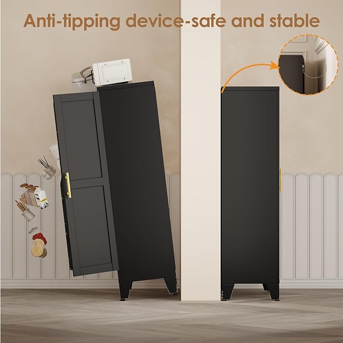 47" Kitchen Pantry Cabinet, Metal Storage Cabinet with 3 Adjustable Layer Shelves, 8 Door Shelves, Buffet Sideboard for Living Room, Kitchen, Black