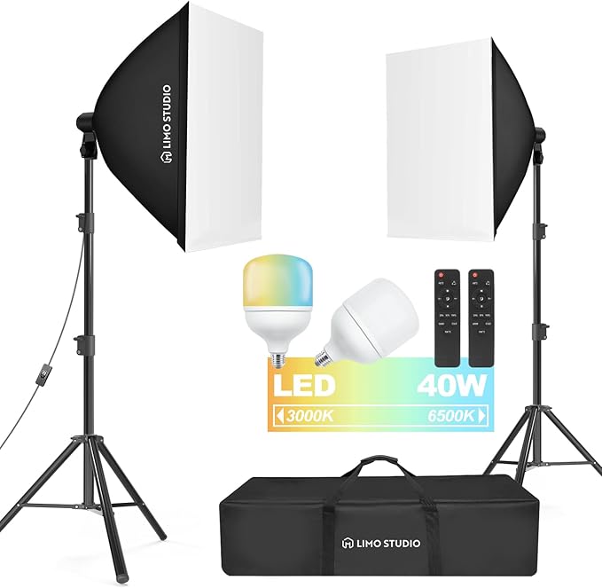 LimoStudio (LED Super Bright) 1600W Output Remote Control, 20 x 28 inch Softbox Continuous Lighting Kit, 3000K-6500K Adjustable Color Temperature, 7600 Lumen, CRI>95, Soft Box Light Diffuser, AGG3431