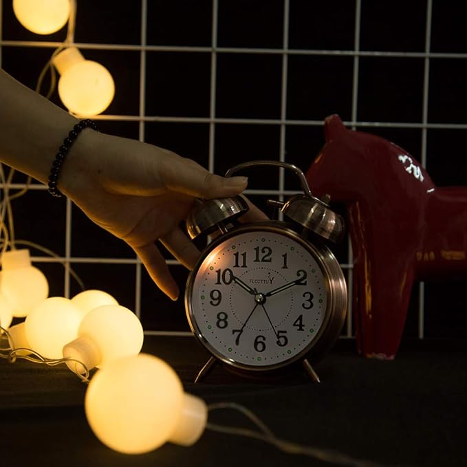 {Loud Alarm for Deep Sleepers) 4'' Twin Bell Alarm Clock with Backlight for Bedroom and Home Decoration(Red-Brown)