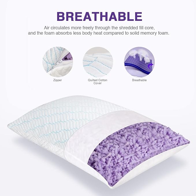 Cooling Pillows Queen Size Set of 2, Memory Foam Pillows with Zipper, Adjustable Firmness for Sleeping Cool Cold Pillow to Hot, Side, Back and Stomach Sleepers, 2 Pack, 20x30