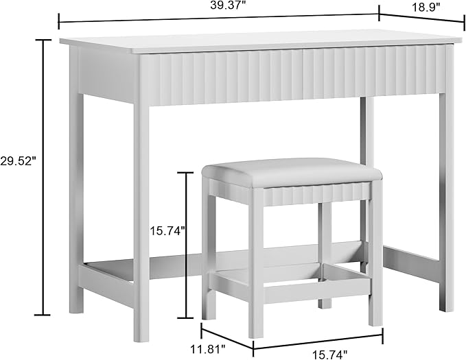 ChooChoo 40 Inch Modern Desk with Drawers, Makeup Vanity Desk with Padded Stool, Small Home Office Desk for Bedroom, White