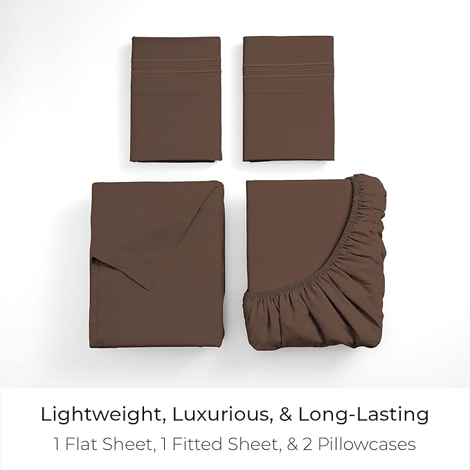 Mellanni Twin XL Sheet Set - 4-Piece Iconic Collection Bedding, (Including 2 Pillowcases), 16-Inch Deep Pocket, Easy Care, Extra Soft, Cooling Sheets, Brushed Microfiber - Brown