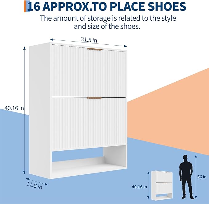 Garvee Fluted Shoe Storage Cabinet, Slim Hidden Shoe Rack Cabinet with 2 Flip Drawers & Bottom Open Shelf, Freestanding Entryway Organizer, Perfect for Closet, Hallway, Foyer, White