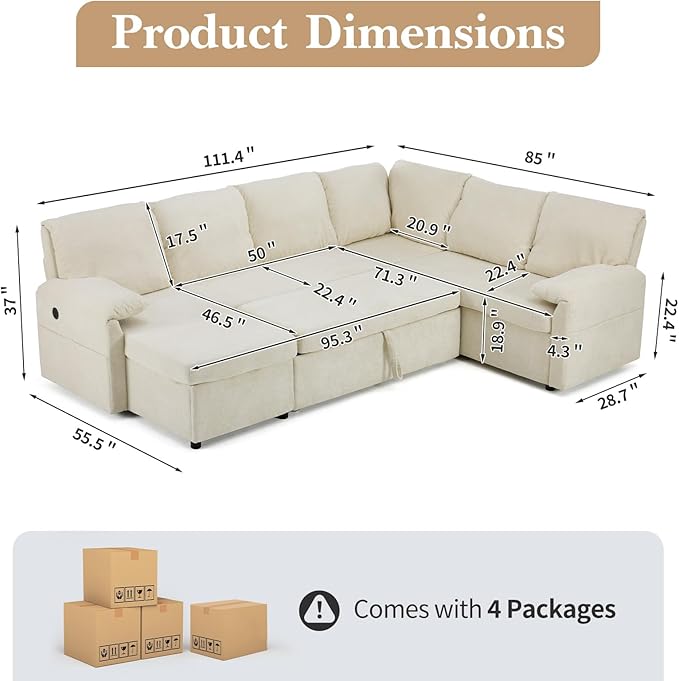 VINGLI Convertible Sofa Bed, U-Shape Sectional Couches for Living Room Sleeper Sofa with Pull Out Couch Bed Cloud-Like Plush Fleece Sofa Couch with Storage Chaise, USB Charging, Side Pockets