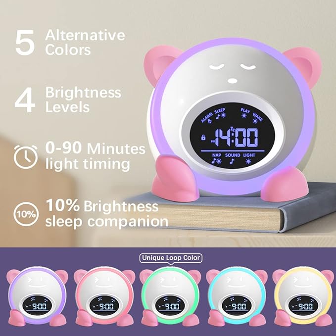 OK to Wake Clock for Kids, Sleep Training Clock with Night Light and Sound Machine, Kids Alarm Clock for Bedrooms (Pink)