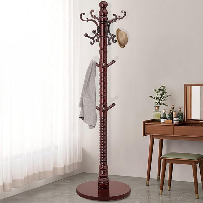 Wood Coat Rack Stand, Wooden Coat Rack Freestanding with Sturdy Round Base, Vintage Coat Racks with 14 Hooks, Natural Birch Wood Entryway Coat Tree Hanger Stand Easy to Assemble