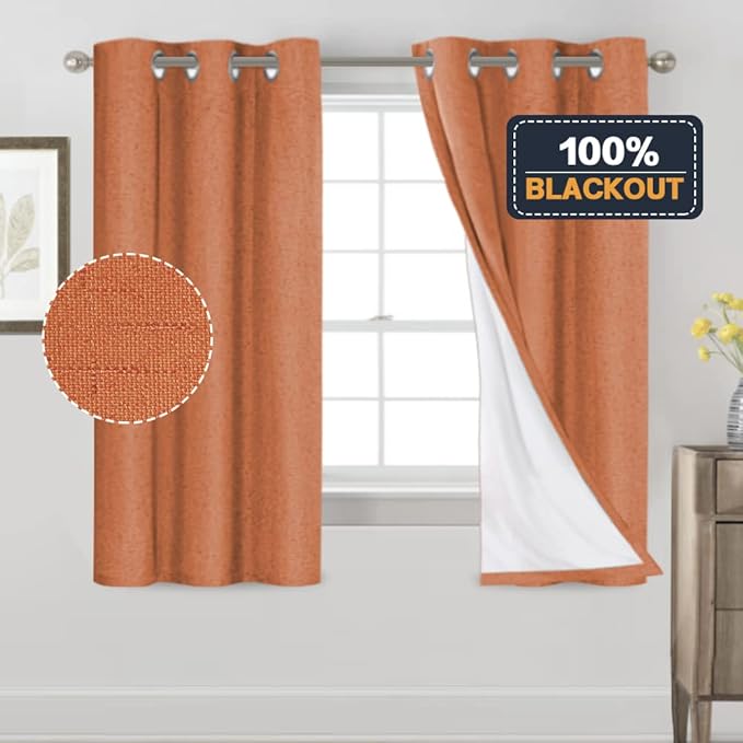 PrinceDeco Linen Texture Curtains 100% Blackout Curtains 64 inch Long 2 Panels Set for Bedroom Living Room Energy Saving Window Treatment Curtain Drapes, Burlap Fabric with White Liner，Orange