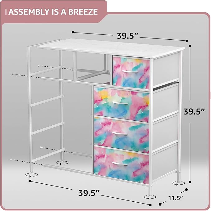 Sorbus Dresser with 9 Drawers - Furniture Storage Chest for Kid’s, Teens, Bedroom, Nursery, Playroom, Clothes, Toys - Steel Frame, Wood Top, Fabric Bins (Tie-dye)